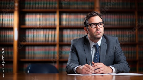 A thoughtful lawyer in a formal suit sits at a desk, contemplating a case in a law library filled with books
