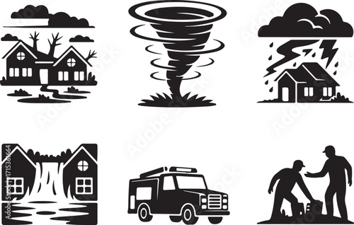 Disaster icons show homes, tornado, storm, flood, rescue