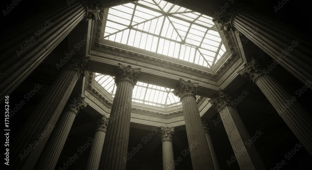 Obraz premium Grand Classical Interior with Soaring Fluted Columns and Ornate Skylight, Bathed in Dramatic Light