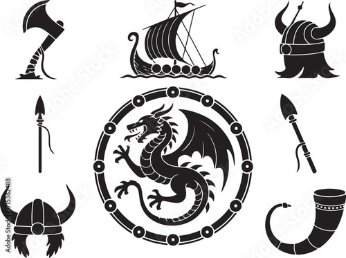 Viking symbols axe ship dragon helmet horn spear power