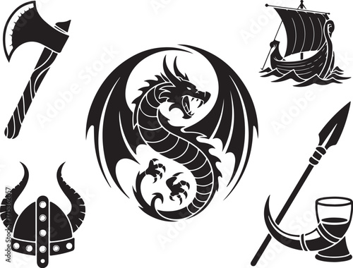 Viking symbols dragon axe helmet ship spear horn