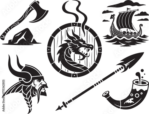 Viking warrior symbols ship axe dragon horn spear
