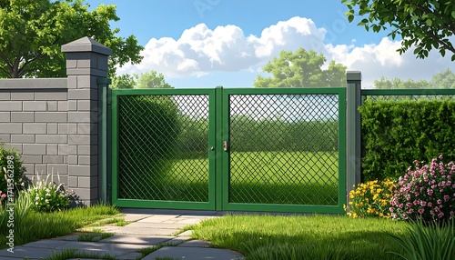 Green gate in a garden.  Sunny day