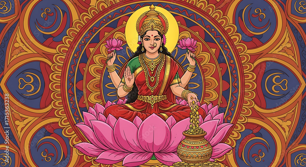 Obraz premium A vibrant illustration of the Hindu goddess Lakshmi seated on a lotus flower, adorned with jewelry, holding lotuses in her hands, against a richly patterned mandala background.
