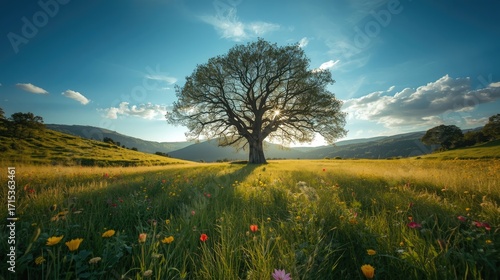 A large, solitary tree stands sentinel in a vibrant meadow, bathed in the warm light of a sunny day, showcasing a tranquil countryside scene.