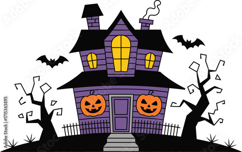 Purple haunted house with pumpkins and bats halloween