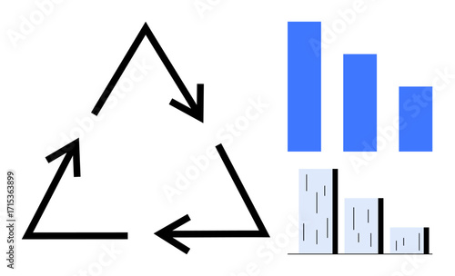 Black triangular recycling arrows beside blue and gray bar graphs showing data insights and performance. Ideal for environment, sustainability, analytics, waste management, education, research