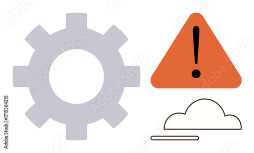 Gear symbol near warning triangle and cloud icon highlights system error, technology issue, or maintenance. Ideal for IT, troubleshooting, security, risk, error cloud technology. Simple flat