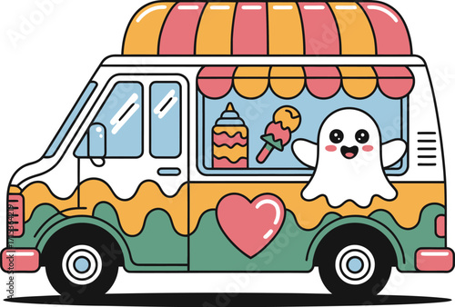 Cute ghost serving ice cream from a colorful van truck