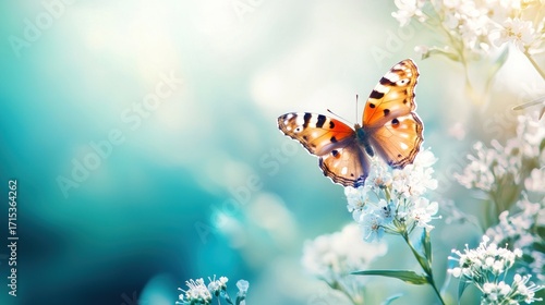 A colorful butterfly perched on a white flower against a blurred, vibrant background.