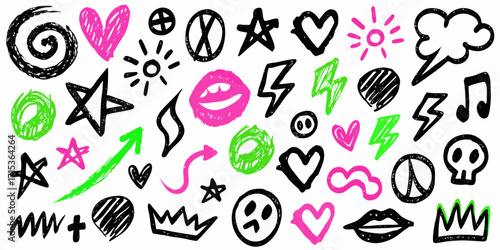 Collection of hand drawn doodle icons and symbols in black pink and green on white background