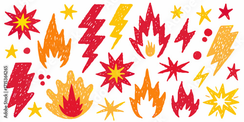 Collection of hand drawn doodle style fire flames lightning bolts and starburst elements in red and yellow on white background