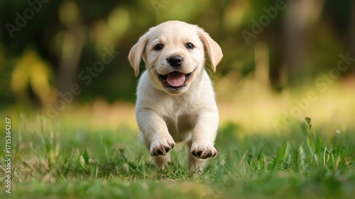 A yellow Labrador puppy running on a grassy field with a blurred background.