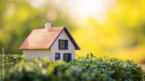A miniature model house with a red roof and blue shutters, placed on a green hedge with a blurred green background.