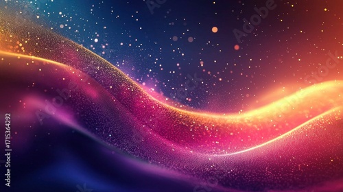 A vibrant, abstract wave of colors and particles against a dark background, with a hint of a starry sky in the background.