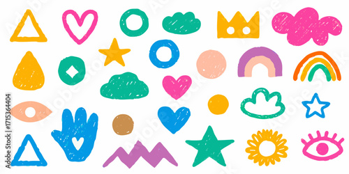 Collection of hand drawn doodle shapes and symbols in bright pastel colors on a white background