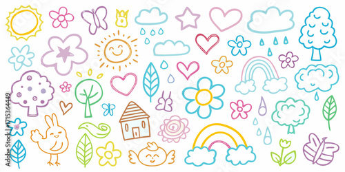 Collection of hand drawn doodle elements featuring sun flowers rainbows clouds hearts trees and animals for kids