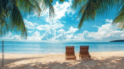 Two wooden deck chairs on a sandy beach with palm trees in the background.