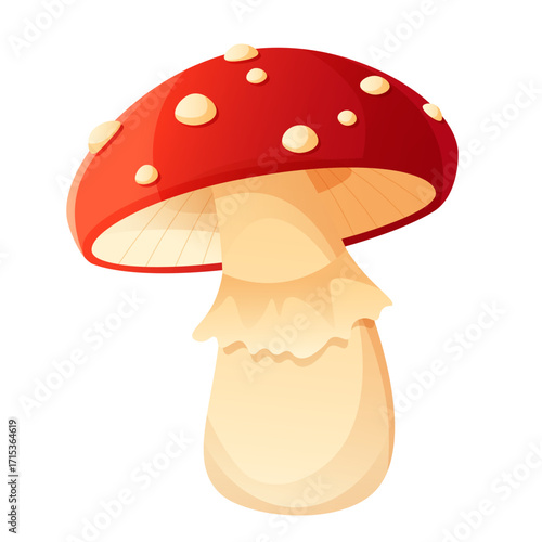 Autumnal, fairytale forest fly agaric mushroom. A single mushroom on a white background, harvest, plant. Red cap with white dots on a white stem. Autumn mood, nature. Vector illustration, clip art.