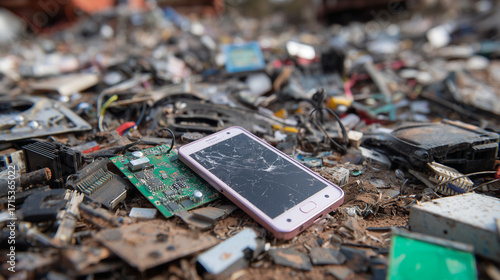 A damaged smartphone lies atop a pile of discarded electronics, highlighting the issue of e-waste and environmental impact.