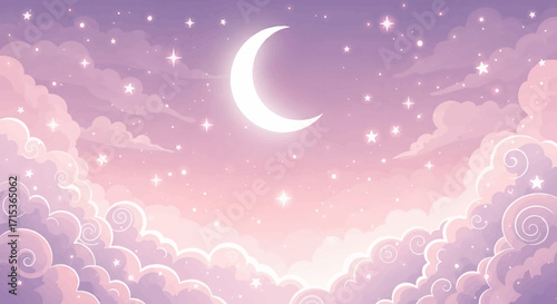 Dreamy Crescent Moon and Starry Sky with Fluffy Clouds