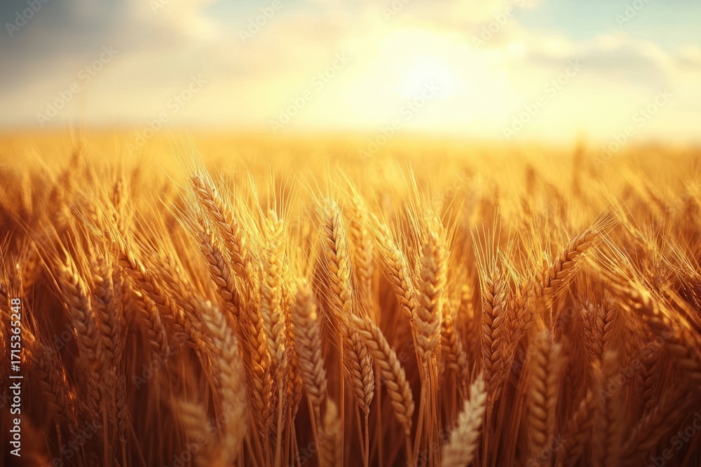 Fototapeta premium Close-up view of golden wheat stalks in a glowing field under a soft blue sky, evoking warmth and natural abundance