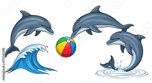 Playful cartoon dolphins jumping and interacting with a colorful beach ball and blue waves