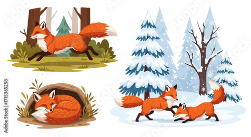 Playful Foxes in Various Poses, Cartoon Illustration