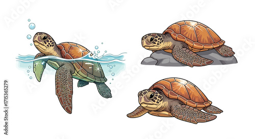 Sea Turtle Illustrations: Swimming, Resting, and Close-Up Views
