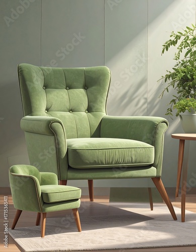 Green velvet wingback chair and ottoman in a room