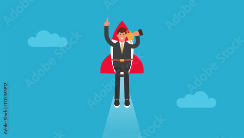 Vector illustration of a businessman with a rocket booster on his back and carrying a trophy. This visual symbolizes passion, motivation, and the drive to success.