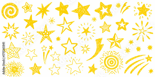 Collection of hand drawn yellow stars and celestial elements on a white background