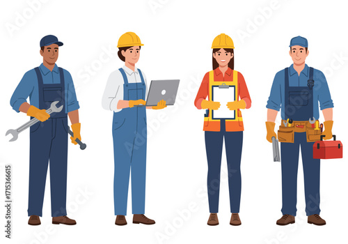 Diverse group of four skilled tradespeople, including a mechanic, engineer, and construction supervisor, standing with their tools and equipment.