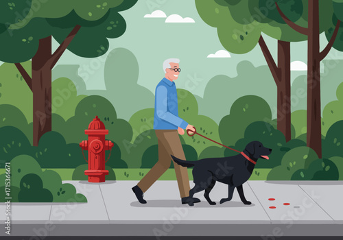 An elderly man happily walks his black dog on a leash along a park sidewalk, surrounded by green trees and bushes, with a red fire hydrant nearby.