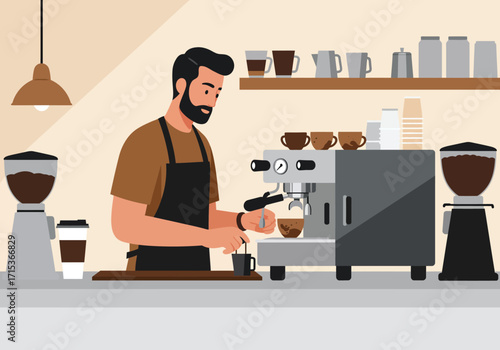 An illustration of a male barista preparing fresh espresso coffee using a professional machine in a cafe.