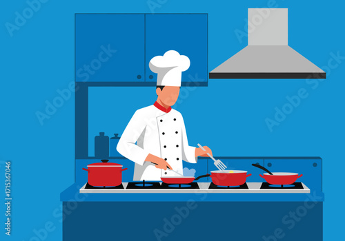 An illustration of a professional chef in a white uniform and hat, actively cooking multiple dishes on a kitchen stove with red pots and pans.