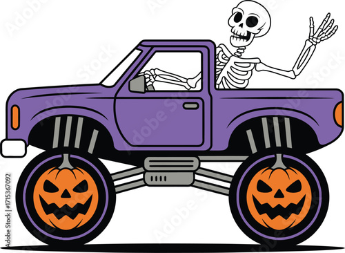 Skeleton driving purple monster truck with pumpkin wheels