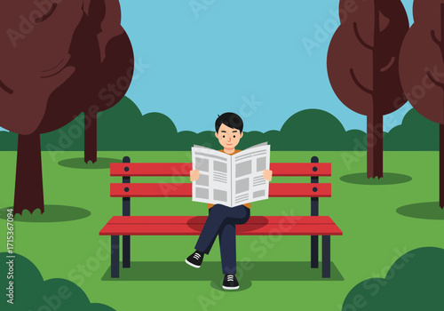 Cartoon illustration of a young man reading a newspaper on a red park bench amidst green grass and trees.