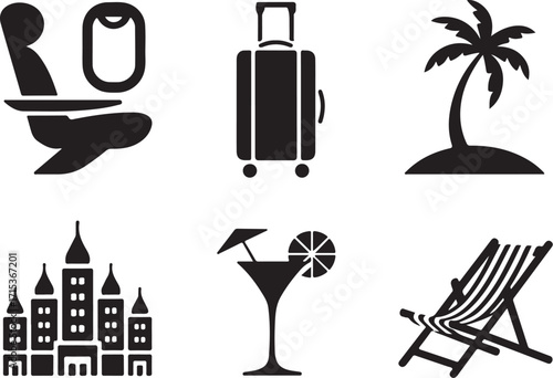 Vacation travel icons for dream holidays and getaways