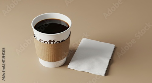 Takeaway paper coffee cup with cardboard sleeve and napkin on a plain background.