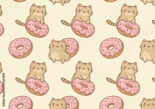 Adorable kawaii cats with rosy pink frosted donuts create a charming seamless pattern on a light background.