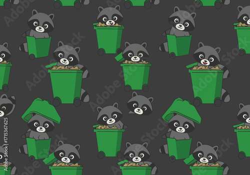 *   Constraint: Minimum 6 words, maximum 180 characters. Detailed description, no keywords as description. *   Draft 1: Cute cartoon raccoons in green trash ...