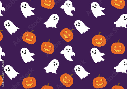 Cute Halloween seamless pattern featuring white cartoon ghosts and smiling orange jack-o'-lanterns on a dark purple background.