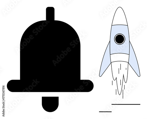 Black bell representing notification with blue rocket taking off, symbolizing urgency and progress. Ideal for communication, alert, innovation, success, startup, technology minimalism. Simple flat
