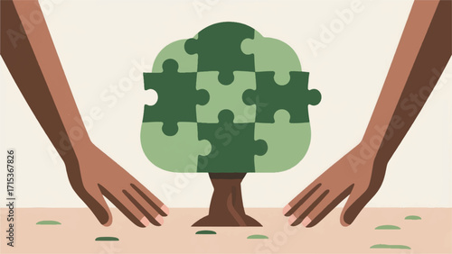 Illustration Of Two Hands With A Puzzle Shaped Tree Vector Design Template
