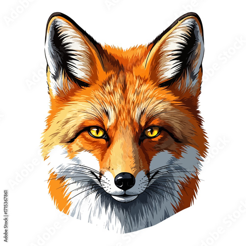 Stylized portrait of a cunning red fox with detailed whiskers and expressive golden eyes, vector art