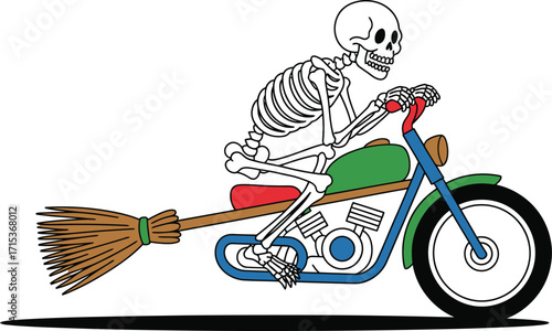 Skeleton riding a green motorcycle with a broom vector