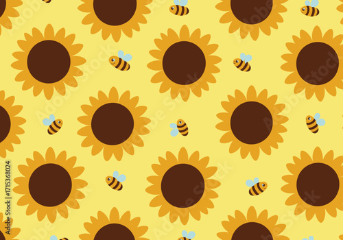 A cheerful seamless pattern featuring cartoon sunflowers and buzzing bees on a bright yellow background.