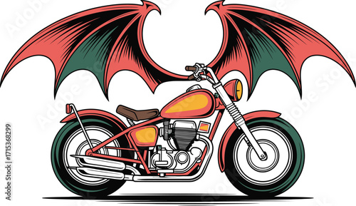 Red motorcycle with large red and green dragon wings