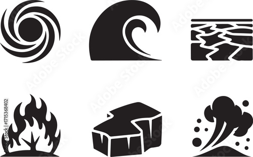 Natural disaster icons storm wave fire ice earth wind